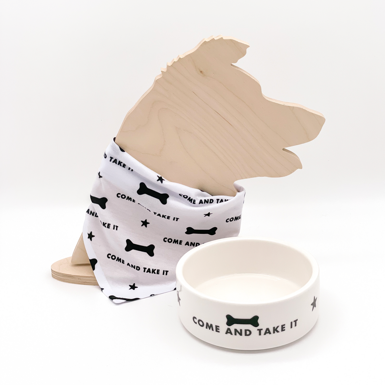 Come and Take It dog bandana and bowl set on with lone star and bone on white background